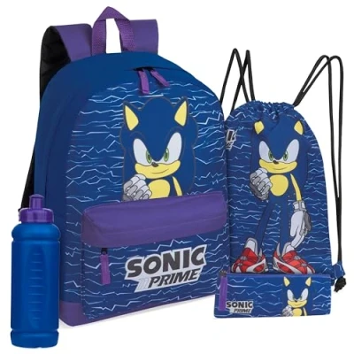 Bild av Sonic The Hedgehog Skolväska set, 4 delar set med ryggsäck, dragskoväska, pennfodral och vattenflaska pojkar gåvor, Mörkblått, One Size,