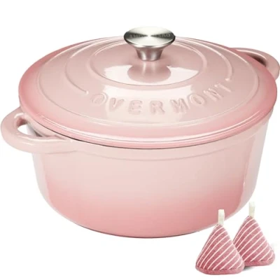 Bild av Overmont 6,6 L emaljerad gjutjärn rund gryta med lock kokbok &amp; bomull grytlappar non stick holländsk ugn köksredskap för flätning, grytor, rostning, bröd bakning vit, 28 cm