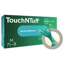 Bild av Ansell Touchntuff 92 500 engångshandskar, pulver, hög kemiskt och mekaniskt skydd, matkontakt, industriell säkerhet, latex, grön, storlek L (100 handskar)