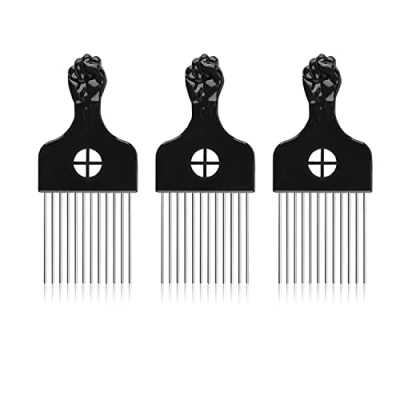 Bild av 3 stycken afrikansk hårkam, metallkam, afro pick kam, gaffel plast hår stylingverktyg