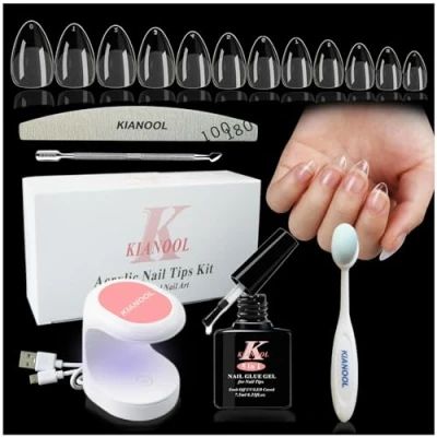 Bild av Konstgjorda Nagelspetsar Och Limgelset, 552 ST kort mandel nageltips lim Gel nagelkit, 5 i 1 Extra Starkt Nagellim Galska Naglar med Mini Nagellampa, Nagelförlängningssats för DIY Nail Art