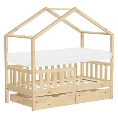 Bild av ML Design barnsäng hussäng 70x140 cm naturfärgad med madrass, träsäng 2 lådor, fallskydd ribbotten och tak leksäng av furu för barn Montessori golvsäng sängram lekfullt husbädd junior säng barnrum