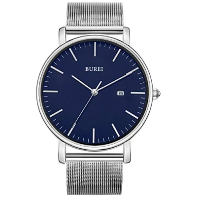 Bild av BUREI Minimalist herrklocka Classy Date Gents klocka med enkel remsa, stor urtavla i rostfritt stål