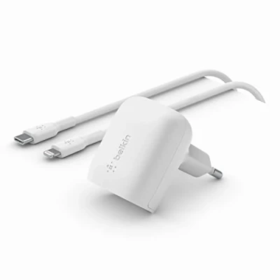 Bild av Belkin USB Type C Power Delivery snabb väggladdare med till Lightning kabel, certifierad för PD 3.1 PPS iPhone 14, Pro, Max, Plus, iPad, Galaxy, Pixel m. fl, 20W Vit