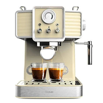 Bild av Cecotec Express Power Espresso 20 Tradizionale Light Yellow och cappuccinomaskin i vintagedesign på 1 350 W bar med termoblock, förångare, manometer en kapacitet 1,5 liter,
