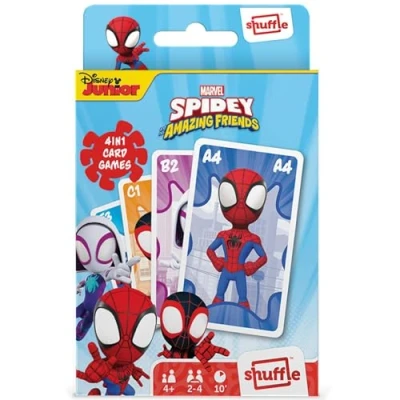 Bild av Shuffle Spidey and his Amazing Friends kortspel för barn 4 i 1 tryckknapp, par, glada familjer och actionspel, spelguide ingår, åldrarna 4+ flerfärgad