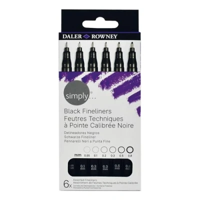 Bild av Daler Rowney Simply Fineliners Set, 6 olika storlekar, svart, ritning, illustration, optimal för nybörjarkonstnärer och hobbyister