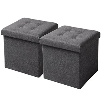 Bild av WOLTU SH06dgr 2, uppsättning av 2 sittpall med förvaringsutrymme, sittbänk, vikbar, förvaringslåda, lock, avtagbar, vadderad sits linne, 37,5 x 38 cm (L B H), mörkgrå