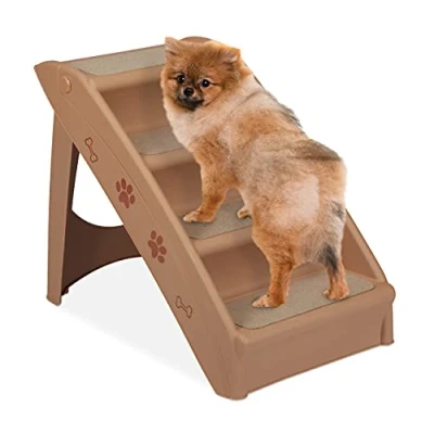 Bild av Relaxdays hundtrappor, 4 steg, husdjur åtkomstramp, klättring hjälpsäng, soffa &amp; bil, max. 100 kg, 49 x 39 61 cm, beige, PP, filt, paket med 1