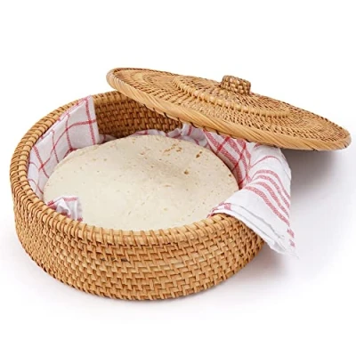 Bild av Tortillada 26 cm Tortilla värmare/Tortilla värmarkorg, handgjord av rotting, inkl. Kökshandduk i bomull