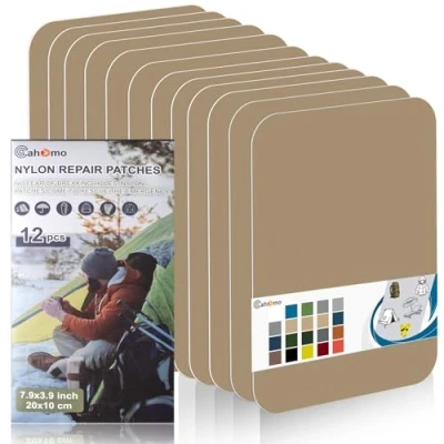 Bild av Nylon reparationslappar Cahomo 12 stycken, 20 x 10 cm, självhäftande, vattentät reparationslapp, dunjacka, lapp, reparationssats, nylonlappar för jackor, tält, dunjacka khaki