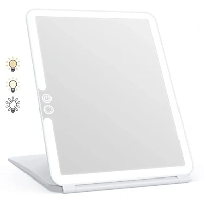 Bild av WEILY sminkspegel med belysning, kosmetisk spegel, tre färger, justerbar LED, 2 000 mAh, USB laddningsbar upplyst bordsspegel, för resor (vit)