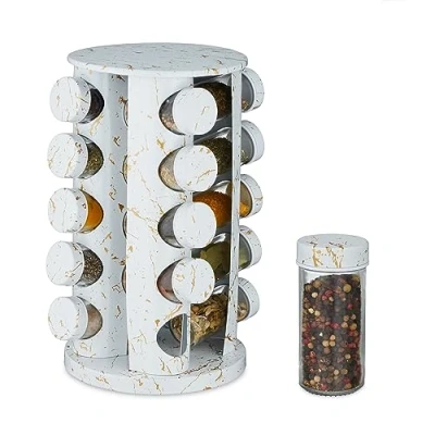 Bild av Relaxdays Kryddkarusell, 20 kryddburkar, ströinsats, 360 roterbar, kryddbar, H x D 33,5 19 cm, marmorutseende, vit
