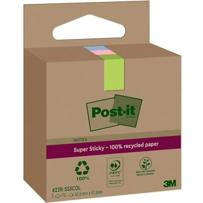 Bild av Post it® Notes Super Sticky 47,6x47,6mm Recycled sorterade färger 3/fp