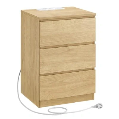 Bild av VASAGLE LET631Y70 sängbord, sidobord, 3 lådor, fasad kant, 2 AC uttag, USB portar, vardagsrum, sovrum, arbetsrum, modernt, halmgul