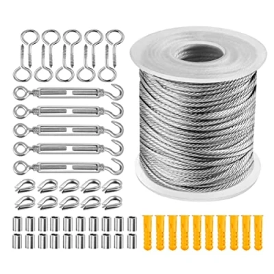 Bild av 57 st/set 30 m vajer rostfritt stål set, 2 mm stålvajer kabelkrok hängsats, PVC belagd högpresterande 304 kabelrep för strängljusupphängning,tvättlina, gardinrep