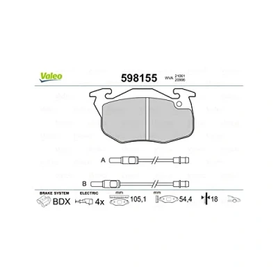 Bild av VALEO 598155 Jeu de plaquettes frein Essieu avant contact signal d&#039;usure inclus sans tôle anti bruit PEUGEOT: 306 3/5 portes, 106 II portes