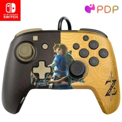 Bild av PDP Gaming Faceoff Deluxe+ trådbunden Switch Pro styrenhet, Zelda Breath of the Wild, Link, Gold / Black, Official Licensed Nintendo, Customizable buttons and paddles, Ergonomic styrenhets, Brun