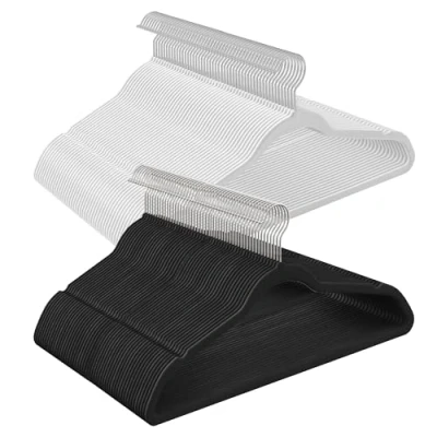 Bild av Songmics klädhängare sammet, set om 100 stycken, hängare, jackhängare, 41,5 cm breda, klädhängare, tunn, lätt lastbar, 360 vridbar krok, för rockar, skjortor och kostymer, svart/vit CRF026B100