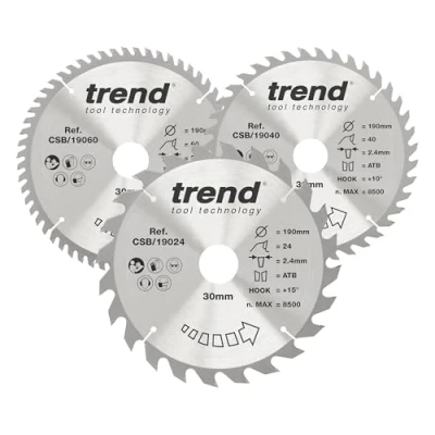 Bild av Trend CraftPro Trippelpaket med TCT cirkelsågblad, 190 mm x 24, 40 och 60 tänder 30 borrning, hårdmetallspetsade. CSB/190/3PK, förpackning 3 st.