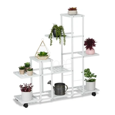 Bild av Relaxdays Blomställ med hjul, H x B D: 91,5 93 26 cm, metall, 9 hyllor, växtstativ för inomhusbruk, vitt
