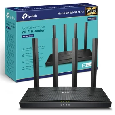 Bild av TP Link WiFi 6 router, 1500 Mbps Dual Band AX 6, 4 Gigabit portar, högpresterande antenner, OneMesh, WPA3, föräldrakontroll, inbyggt antivirus, (Archer AX18)