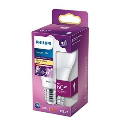 Bild av Philips Classic Sensor: LED ljuskälla, Rörelsesensor (IR), 60W, E27, A60, Frostat glas, varmvitt ljus, 2700 kelvin, 15 000 timmar, Ej dimbar