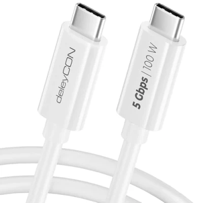 Bild av deleyCON 0,5m USB C Kabel (100 W Snabbladdning + Datakabel 5 Gbit/s) Kort Laddningskabel för iPhone 16 15 Pro Max Samsung Galaxy S24 S23 Pixel iPad MacBook Air Surfplattor Switch PS5 Vit