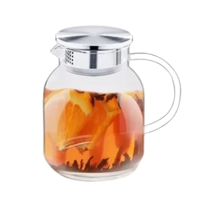 Bild av Wilmax Glaskaraff med lock av rostfritt stål 1 000 ml karaff för varma eller kalla drycker vattenkaraff borosilikatglas glaskanna te, juice, mjölk vattenkanna