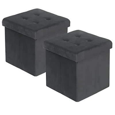 Bild av WOLTU Uppsättning av 2 vikbara sittpall, sittkuber med förvaringsutrymme sittbänk kistor förvaringslåda, lock avtagbar, vadderad sits i sammet, 37,5 x 38 cm (L B H), grå