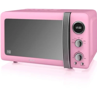 Bild av Swan Retro SM22030LPNEU 20L digitalt mikrovågsugn, 5 effektnivåer, upptiningsfunktion, 60 minuter, spegel effektdörr, roterande bricka 27 cm, vintage design, rosa, 800 W