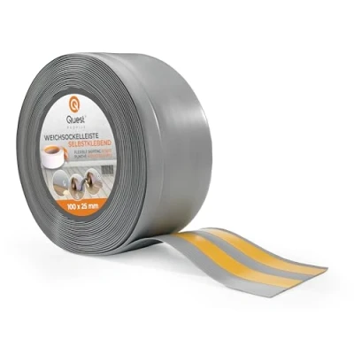 Bild av Quest Mjuk Golvlist Självhäftande, Sockellist 100 mm x 25 avslutningslist, bred böjbar list för väggar, golv PVC, flexibel, vattentät, dekorativ (Grå, 25m)
