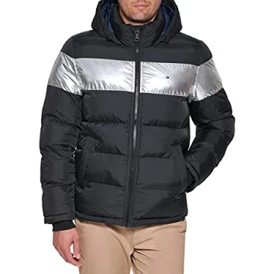 Bild av Hooded Puffer Jacket herr Down Alternative Outerwear Coat Jacket, Svart silver rand, XS