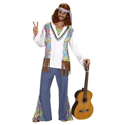 Bild av Widmann Vuxen kostym Woodstock hippie, skjorta med väst, byxor, pannband, blompulver, karneval, temafest