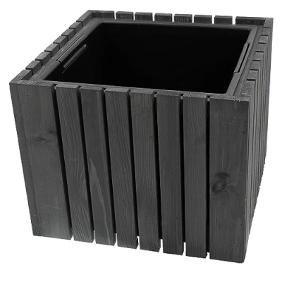 Bild av HRB blomkruka vintage fyrkantig av äkta trä antracit, högkvalitativ med plastbricka 15,5 l volym för inomhus och utomhusbruk, planteringskrukorna har en unik design