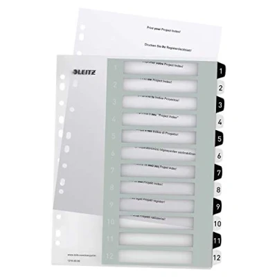 Bild av Leitz WOW Utskrivbart register, A4, extra brett, tolv numrerade flikar, polypropen, vit/svart, 12160000