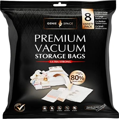 Bild av GENIE SPACE Otroligt Bra Premium Platsbesparande Vakuumpåsar Variation 8 Pack (2XL+2L+2M+2S) Lufttäta &amp; Återanvändningsbara Spara utrymme för Kläder, Handdukar, Sängkläder,Täcken