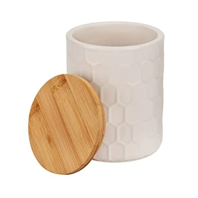 Bild av WENKO Maya förvaringsburk av högkvalitativ vit keramik med bikakestruktur, diskmaskinssäker burk lufttätt förslutbart lock bambu, FSC® certifierad, 400 ml, Ø 9,5 x 12 cm