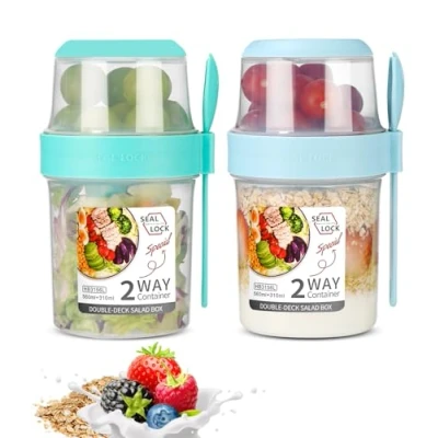 Bild av SinLaw 2 stycken müSlimugg to go, yoghurtkopp för resor med sked, yoghurt att gå kopp, dubbla lager läckagesäker yoghurtkopp, salladsmugg (grön + blå (310 ml 560 ml)