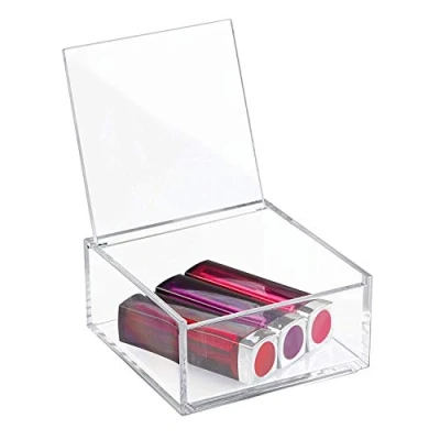 Bild av iDesign Kosmetisk arrangör med lock (10,2 x 10,2 5,1 cm), liten sminkorganiserare tillverkad av BPA fri plast, stapelbar akryllåda för make up, transparent