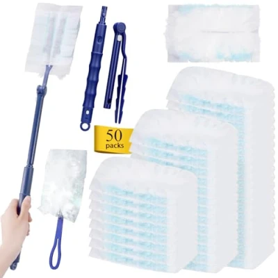 Bild av 52 stycken dammmagneter, påfyllningspaket för swiffer dammmagnet, engångsdammvippa kompatibel med Duster 2 handtag, påfyllning dammvippa djurhår, damm, smuts
