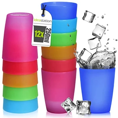 Bild av idea station NEO plastkoppar 12 stycken, 250 ml, färgglada, återanvändbara, stapelbara, okrossbara, mugg, glas, bägare, för fest, camping, barn