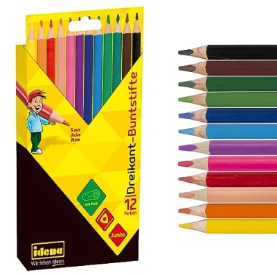 Bild av Idena 20135 Jumbo färgpennor med 5 mm tjockt stift i 12 färger, av FSC trä ergonomisk triangelform, förpackade en kartongfodral