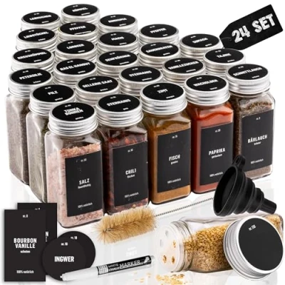 Bild av Deco haus® Kryddburkar Glasburkar med Lock Set om 24 Kryddburk Olika Fästen, Tratt, Borst, Etiketter och Penna Glasburk Perfekt för Våra Egna 4 Kryddstativ 120 ml, 10,5 x 4,3 cm