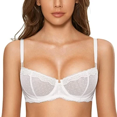 Bild av DOBREVA Balconette BH Damer med Bügel Push Up Dirndl Spitze BHs Sexy Grosse Grön Ungefär Vit 90C
