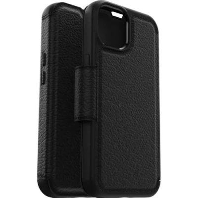 Bild av OtterBox Strada skal för iPhone 14, stöttåligt, fallsäkert, premiumläder skyddande folioskal med två korthållare,testad till militärstandard x3, Svart
