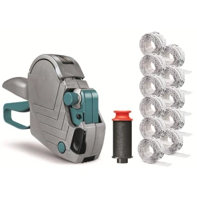 Bild av Meto Basic S startkit inkl. 11 000 etiketter pris, datum, MHD (1 rad, 8 siffror för 22 x 12 mm etiketter, klar att använda) handregistreringsskyltar + etikettrullar