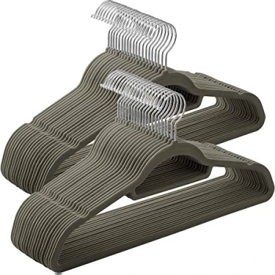 Bild av SONGMICS 50 stycken klädgalgar i sammet, 0,6 cm tjock, kostymhängare, jackhängare med halkfri yta, två skåror, 360 roterande krokar, halkfri, grå CRF50V