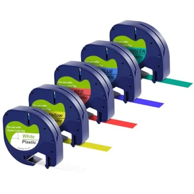 Bild av Set med 5 etiketter, vit/blå/gul/röd/grön för Dymo LetraTag LT 100H/LT 100T/2000/XM/XR/QX50, plastetikett refill 91201 91202 91203 91204 91205 12 mm x 4 m Phonillico®