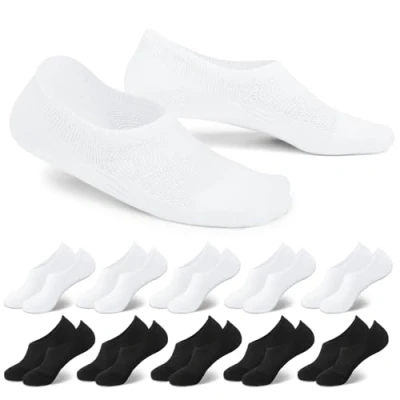 Bild av EKSHER 10 par No Show sneakers strumpor osynliga kvinnor män korta bomullsstrumpor fötter halkfria andas, 5 x vit + vit, 35 38 EU